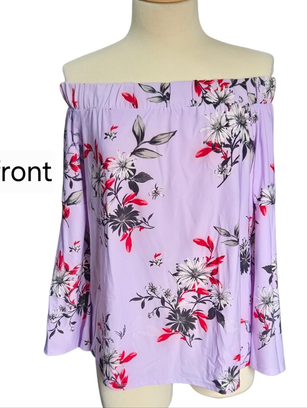 Suzy Shier Lilac Off-Shoulder Floral Blouse with Red and Black Accents
